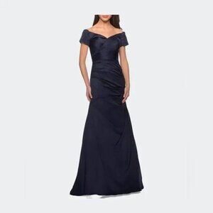 NWT La Femme Off the Shoulder Beaded Satin Trumpet Gown In Navy Size  Women's Si